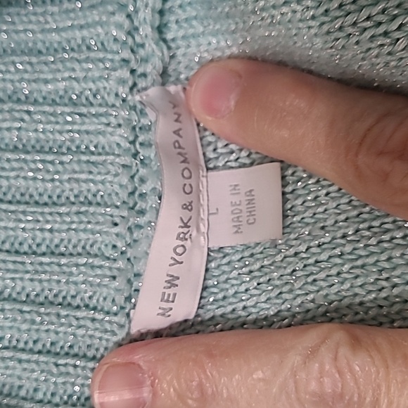 New York & Company Aqua Cowl Neck Sweater with Silver Threading size Large - Picture 3 of 9